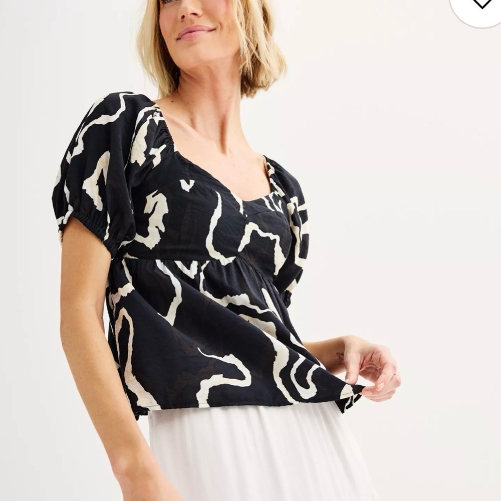Nine West Black & Cream Short Puff-Sleeve Crop Top Sweetheart Neckline Large